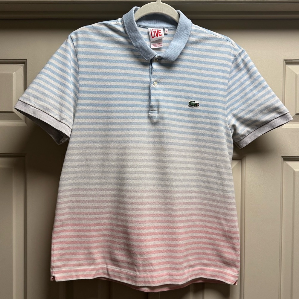 Lacoste LIVE! Pastel Blue Pink and white Striped Polo Shirt 100% cotton
